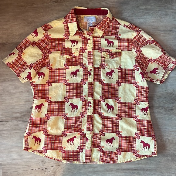 Wrangler Tops - Vtg Wrangler Blues Horse Patchwork Yellow & Red Pearl Snap Shirt Womens Sz XL